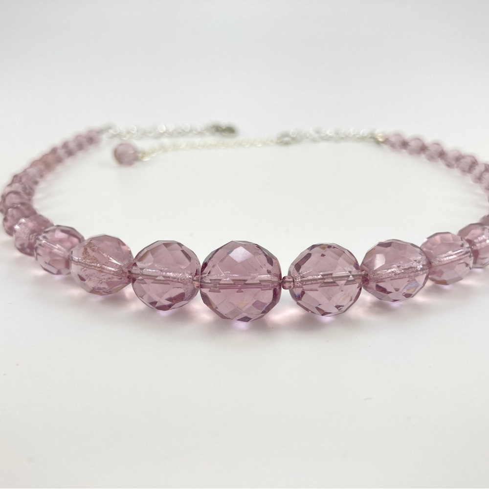 Vintage Purple Crystal Choker Necklace, Round Lavender Crystals, 15" + 2". - Picture 3 of 12
